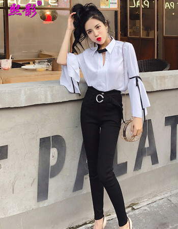 熙影2018新款 喇叭袖衬衫雪纺上衣 高腰修身弹力小脚裤 白衣 黑裤 s