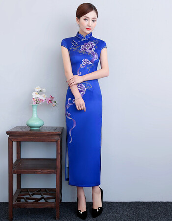 2018春夏复古立领女装盘扣修身短袖丝绸旗袍显瘦连衣裙女 蓝色 xxxxl