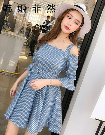 韩姬菲然吊带露肩小心机漏背一字肩连衣裙女夏2018新款夏装短裙韩版女