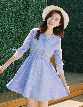 新款韩版小清新淑女七分袖连衣裙女甜美可爱学生裙子短裙夏天 浅蓝色
