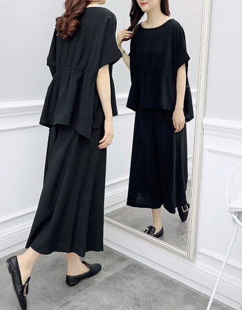 2018夏韩风女大码优雅蝙蝠袖收腰显瘦上衣 休闲舒适阔腿裙裤两件 黑色
