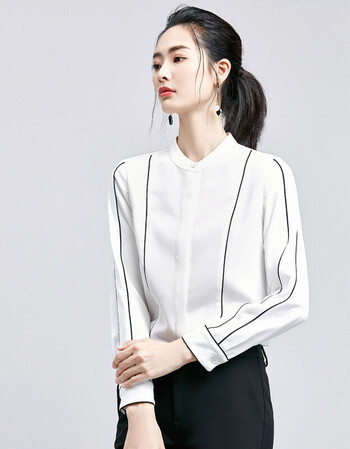 mrkele轻奢名品秋冬装新品显瘦雪纺长袖衬衫立领上衣女 白色 s