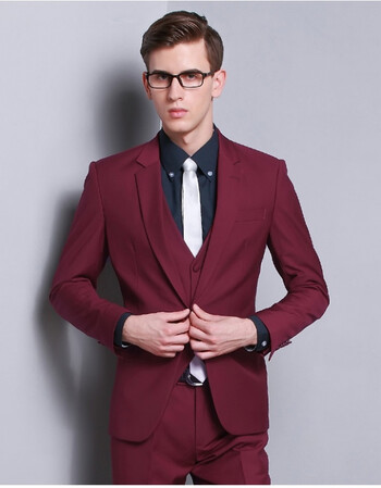 2018新季新款男士西服套装韩版修身休闲新郎结婚礼服 酒红色西装品质