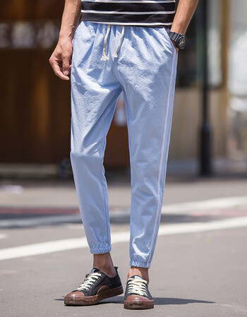 尚吉臣 2018新款男士卫裤运动裤休闲裤糖果裤束脚裤条纹裤 浅蓝色 3xl