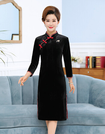 意璟阁 新款改良旗袍立领复古中老年女装妈妈装丝绒旗袍 黑色 3xl