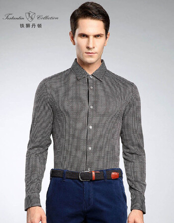 铁狮丹顿 丝羊毛棉格纹成熟魅力开衫款长袖t恤 咖啡色 54