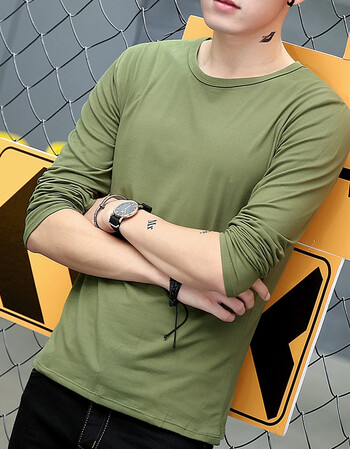 男士长袖t恤春季潮男装圆领青少年修身保暖打底衫秋衣春秋上衣服 军绿