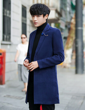 男士修身风衣男韩版青年中长款英伦毛呢大衣潮男装呢子外套衣 蓝色