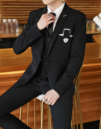 2018新款爆款无头2018新款男士英伦刺绣西装三件套韩版修身西服马甲