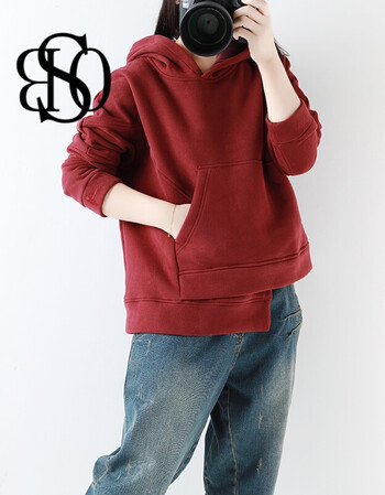 潮牌2017秋季新款宽松休闲连帽绣花纯色简约百搭加绒卫衣女 紫红色 l