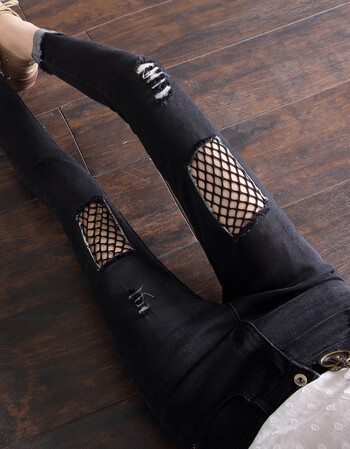 2018破洞牛仔裤女渔网九分烂潮卷边韩版学生显瘦黑小脚乞丐裤 黑色 25