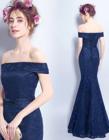 蓝色蕾丝一字肩鱼尾婚纱敬酒服伴娘服晚宴年会演出长款礼服 深蓝色 m