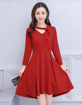2018新款春装连衣韩版收腰v领燕尾大码女装中长款a字裙 红色 s