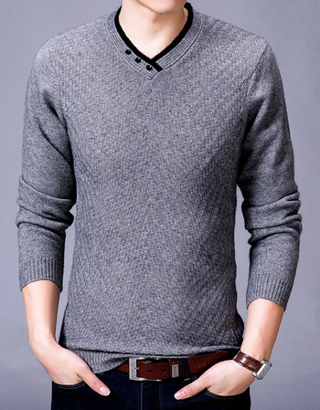 欧利郎帝品牌高档冬季男装貂绒衫毛衣 纯色v领修身加厚保暖男士毛衣