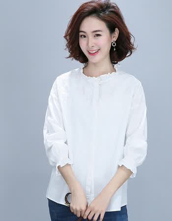 2018新款妈妈夏装纯色时尚上衣夏装中年女衬衫长袖40-50岁夏天薄 白色