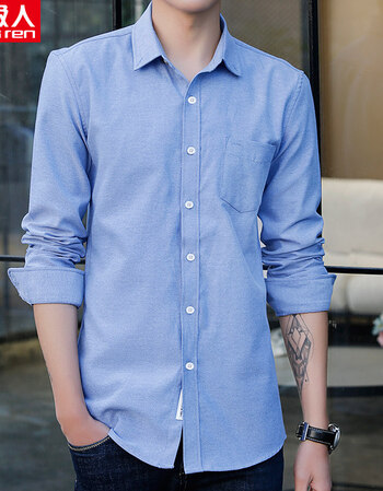 ulzzang白衬衫男长袖韩版百搭学生青少年小清新男士衬衣 纯色浅蓝色 l