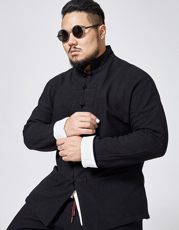 大码中国风男装加绒加厚唐装 胖子中式加肥加大复古宽松盘扣外套 黑色