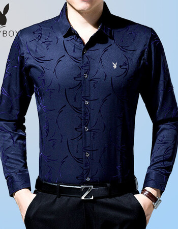 花花公子新款中年男士长袖衬衫夏装时尚商务翻领丝光棉条纹衬衣男装