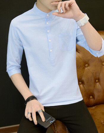 尊首棉麻衬衫男立领中袖男士夏季亚麻衬衣 蓝色 l