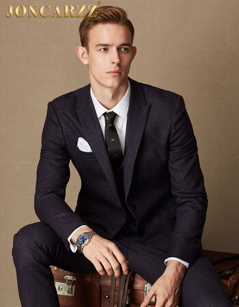 简卡姿宴会西服男套装复古花呢修身戗驳领商务上班西装套装 紫红色