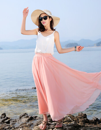 雪纺大摆时尚半身长裙 夏季新款波西米亚修身长款大码女装仙女裙 珊瑚