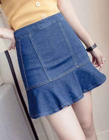 防短裙女夏天韩版荷叶边高腰牛仔裙鱼尾半身裙裤裙子 浅蓝色 s_ 3折