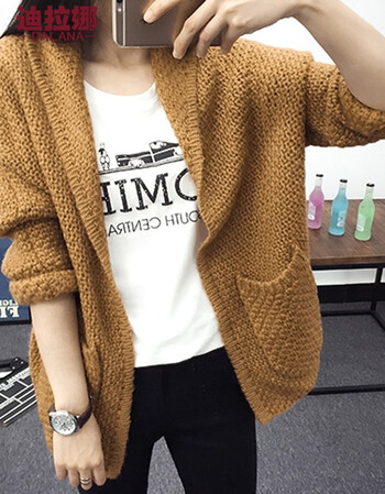 迪拉娜针织衫女2015秋装新款开衫宽松休闲毛衣外套 驼色 均码