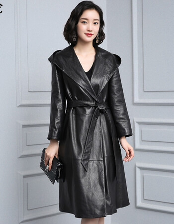 2017秋冬新款海宁真皮皮衣女长款绵羊皮风衣女时尚连帽外套 黑色 l