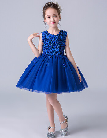 蓝色女童蓬蓬纱公主裙夏季花童礼服婚纱儿童女孩演出服wy 蓝色(圆领)