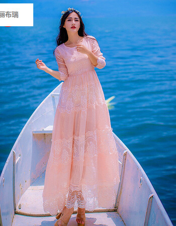 珂丽布瑞-连衣裙修身显瘦长款蕾丝性感中长裙女 橘粉色 m