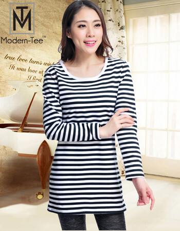 Modern-Tee 连衣裙2016春季女式圆领长袖条纹修身中长款包臀裙 黑色/黑白条纹 M
