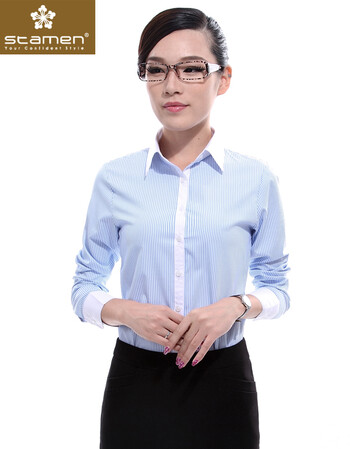 
                                        stamen 2017女装新品 白领职业衬衫女长袖香槟竖条纹长袖衬衣气质修身职业装工作装 香槟白襟蓝条长袖 M                
