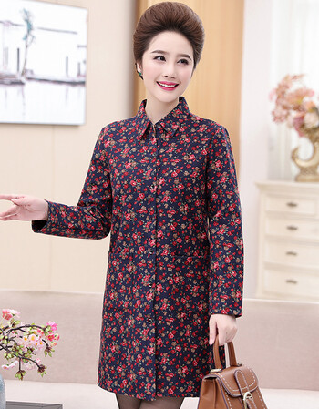 中老女装春秋棉麻衬衫中长款宽松大码中人妈妈加绒长袖厚衬衣 红色 l