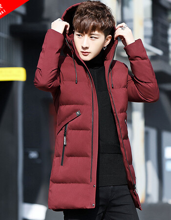 男冬季加厚保暖男士中长款青年修身外套男学生袄子潮 酒红色 m