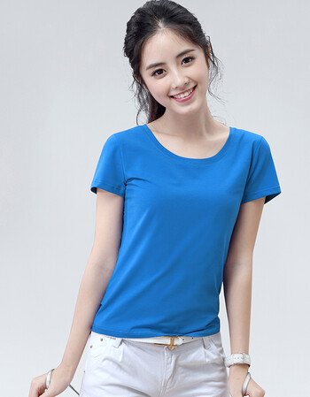 2018夏装新款纯色短袖t恤女韩版百搭上衣修身圆领打底衫体恤 蓝色 m