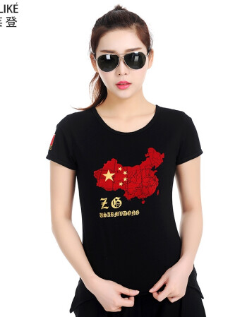 古莱登水兵舞服装黑色圆领短袖t恤女军迷红色中国地图上衣广场舞演出
