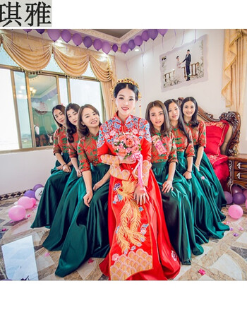 中式伴娘服长款2018冬季中式复古伴娘礼服姐妹装连衣裙新娘敬酒服春秋装