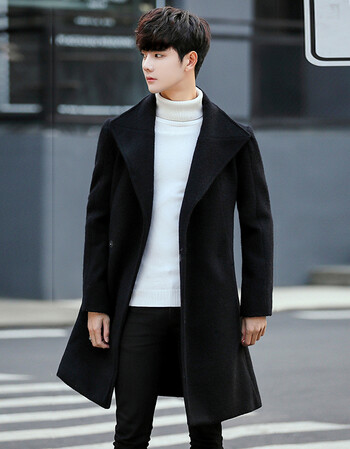 风衣外套2017冬季韩版修身毛呢大衣男中长款帅气学生加厚男装 黑色 m
