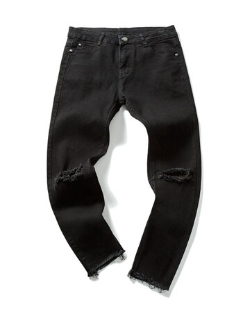 休闲裤男2018夏装男士九分黑色牛仔裤破洞潮裤子 黑色 31
