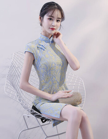 简约淑女清新少女清新日常时尚蕾丝短款甜美女旗袍裙218夏季新款 浅