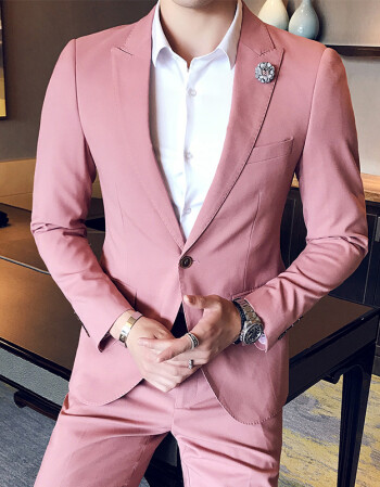 男士粉色西服套装潮青年商务休闲西装两件套发型师韩版修身礼服装