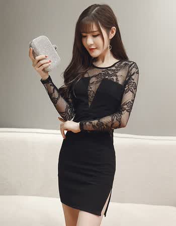 低胸蕾丝连衣裙秋装长袖显瘦性感透视开叉打底紧身包臀短裙女 黑色 l