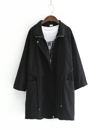 韩版简约抽绳收腰风衣春装新品女翻领拉链双口袋长款外套 黑色 均码