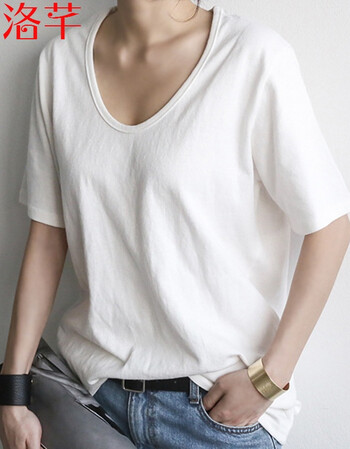 洛芊夏装纯色大领口t恤女宽松短袖纯白t上衣bf体恤白色t简约t恤女低领