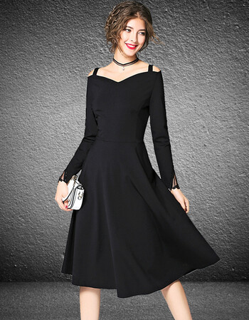 2017秋季新款女装欧美修身收腰露肩连衣裙一字领礼服裙走秀款 黑色 l