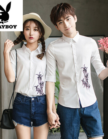 花花公子2018情侣装五分袖衬衫竹子绣花中袖 白色 l