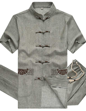 老年中式棉麻男装老人衣服爸爸爷爷夏套装 亚麻绿豆灰色套装口袋刺绣