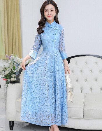 新款女装春秋装韩版打底蕾丝裙内搭连衣裙中长款显瘦旗袍改良 浅蓝色