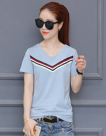 2018夏装新款韩版修身v领短袖t恤女大码女装时尚打底衫上衣潮 蓝色 xl