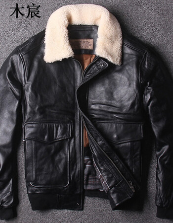 二战飞行服夹克头层牛皮短款翻毛领空军服真皮皮衣男士冬季外套 黑色